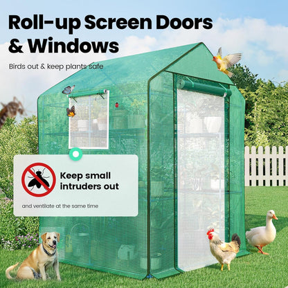 KING BIRD Premium Greenhouse for Outdoors, 56 x 56 x 77 Upgraded PE Cover & Steel Frame Walk in Hot House, w/ Zippered Screen Windows Mesh Door, 3 Tiers 14 Shelves for Outside Garden, Green