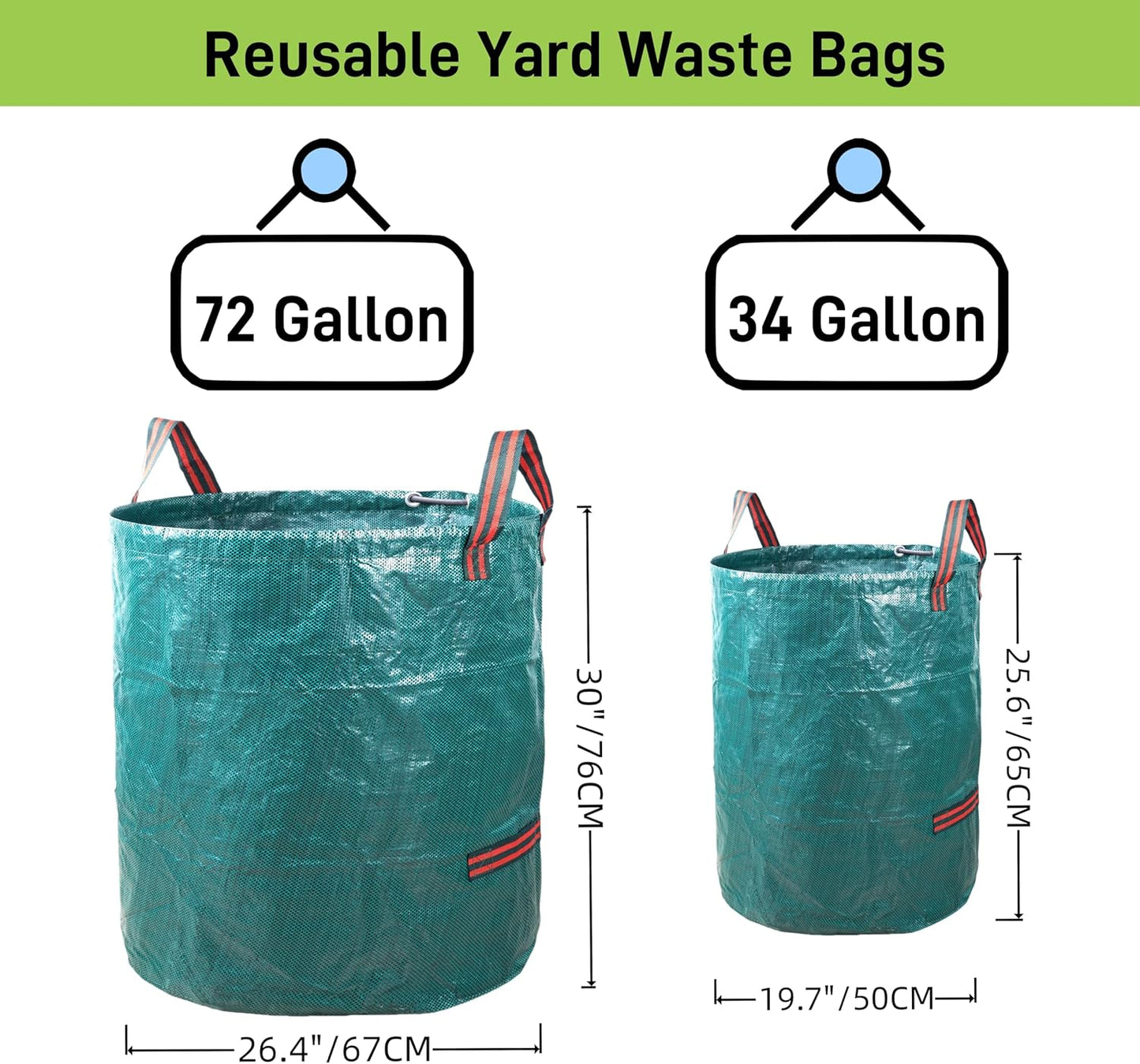 2x72Gallons+1x34Gallons (Free Gloves) Garden Leaf Bags,Reusable Heavy Duty Yard Waste Bag Set,Standable Design and Reinforced 4 Handles for Leaf,Grass,Debris,Camping Trash
