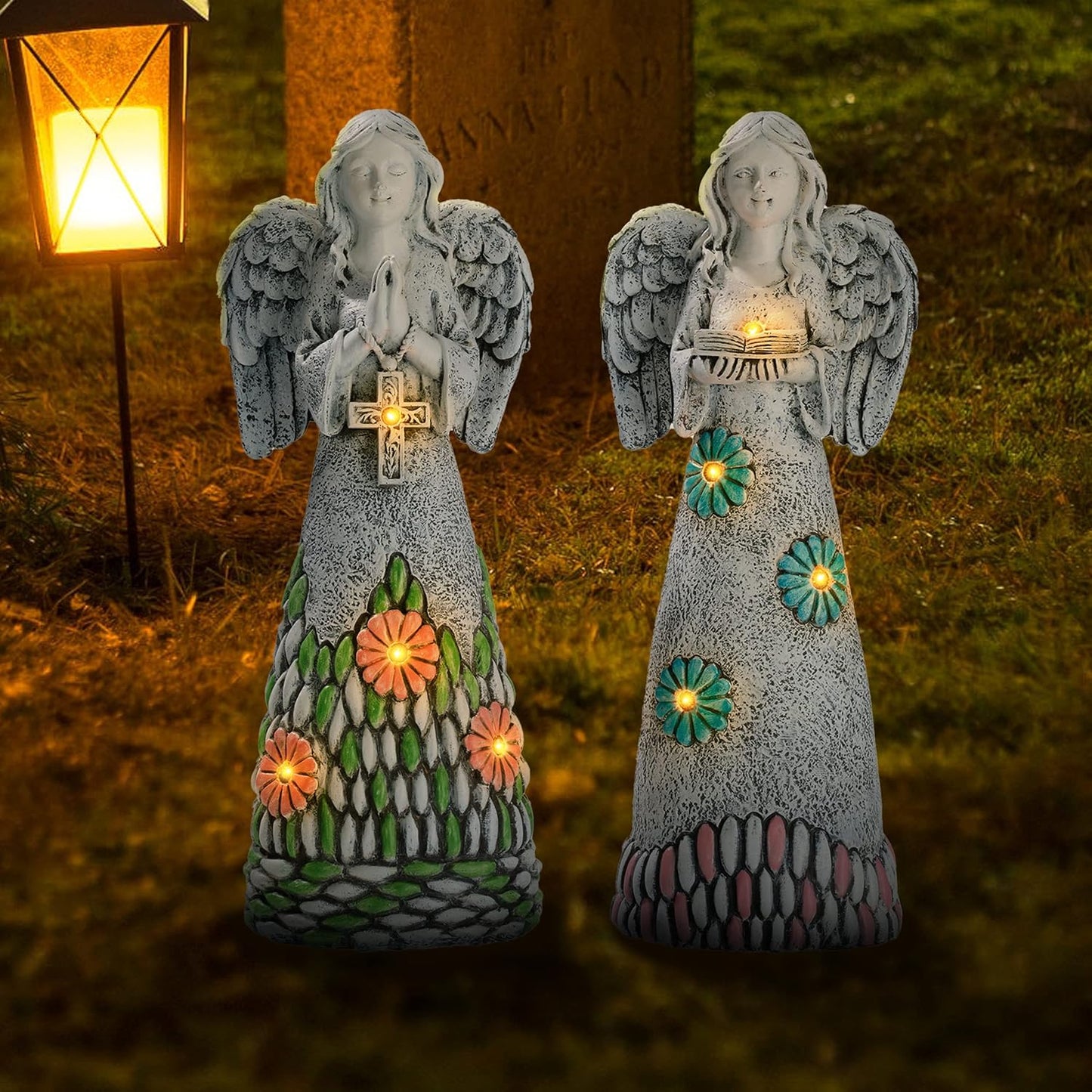 TERESA'S COLLECTIONS Angel Garden Statues with Solar Outdoor Light for Garden Decor, 2 Pack Resin Angel Grave Cemetery Decorations for Outdoor Decor, Memorial Angel Yard Decor Gifts for Mom, 11”