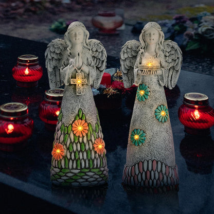 TERESA'S COLLECTIONS Angel Garden Statues with Solar Outdoor Light for Garden Decor, 2 Pack Resin Angel Grave Cemetery Decorations for Outdoor Decor, Memorial Angel Yard Decor Gifts for Mom, 11”