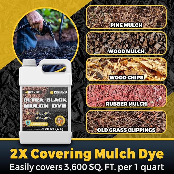 128oz Concentrated Ultra Black Mulch Dye with Gloves, Liquid Rubber Dye Spray Covers up to 14,400 Sq. Ft, Long-Lasting Finish Black Bark Paint for Mulch Restoration and Enhancement Landscaping