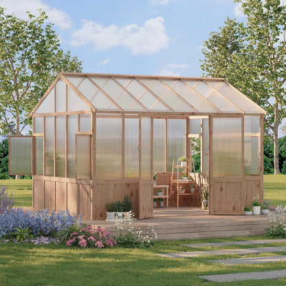 10X12 FT Heavy Duty Wooden Greenhouse for Outdoor - Walk-in Green House Kit with 6mm Polycarbonate, Ventilated Window & Lockable Door for Backyard, Patio, Lawn