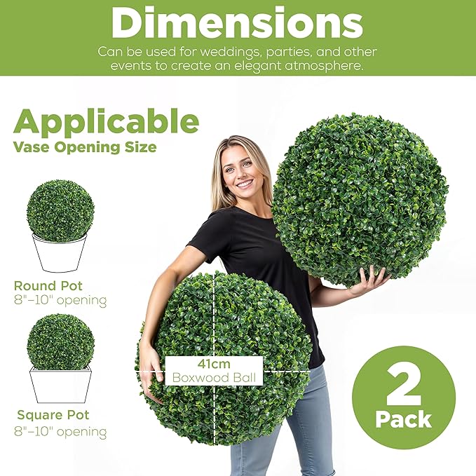 DRAY Premium 16.14" Faux Boxwood Balls – Set of 2 Artificial Topiary Spheres for Outdoor & Indoor