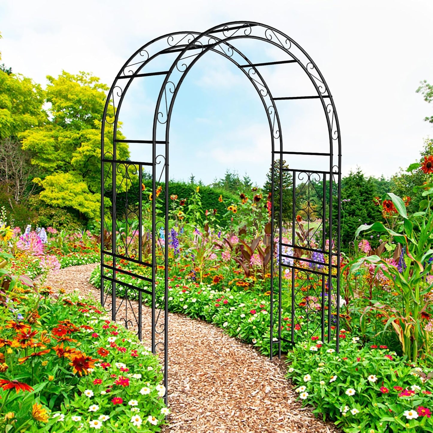 Metal Garden Arch 90" H Garden Arbor Trellis Climbing Plants Support Pattern Arch Outdoor Lawn Wedding Party Events Archway Black