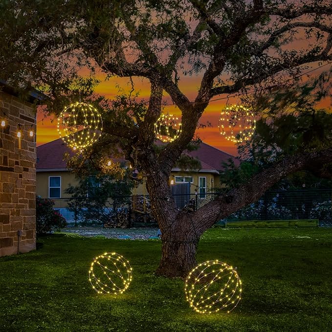 LIGHTSHARE 248LED 12IN+16IN+20IN Light Ball Yard Decoration Pathway Lights Brown Sphere Light Fold Flat Metal Frame Indoor Outdoor Waterproof Garden Lights, Plug in(Set of 3)