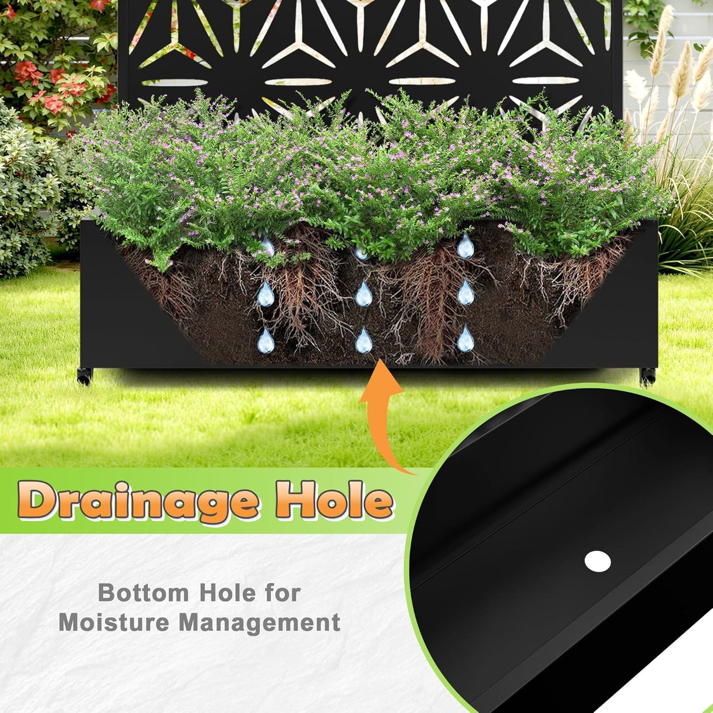 Metal Raised Garden Bed with Trellis, 2 in 1 Trellis with Planter Box & Privacy Screen for Climbing Plants, Vine, Outdoor Standing Flower Beds with Drainage Holes,47.2"L x 16.7"W x 70.8"H,(Black-Star)