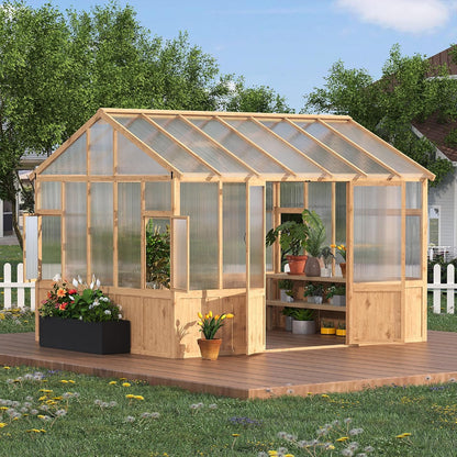 10X12 FT Heavy Duty Wooden Greenhouse for Outdoor - Walk-in Green House Kit with 6mm Polycarbonate, Ventilated Window & Lockable Door for Backyard, Patio, Lawn