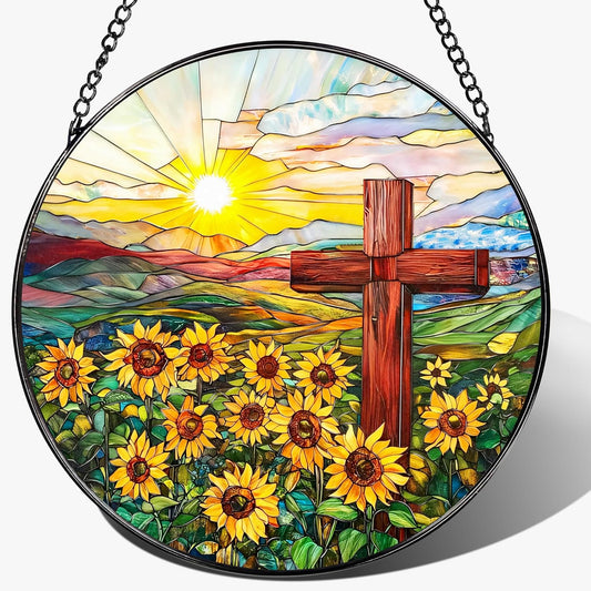 Cross Stained Glass Sun Catcher, Stained Glass Window Hanging, 8 Inch Suncatchers for Windows