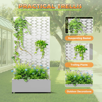 Metal Raised Garden Bed with Trellis, 2-in-1 Planter Box & Privacy Screen for Climbing Plants, Outdoor Standing Flower Bed with Drainage Holes, 35.4" L x 15.7" W x 70.1" H, White-Brick
