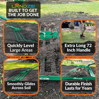 Landzie AeroLeveler - The Lawn Leveling Rake That Never Flips - Patented 48" inch Wide Pneumatic Lawn Level for Yard, Dirt, Soil, Sand, Provides Stability and Control (Pneumatic 48" Leveling rake)