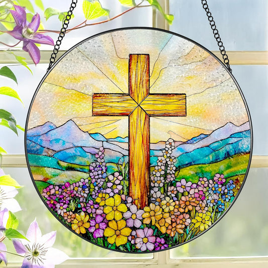 8 Inch Cross Wildflower Stained Glass Suncatcher, Christian Stained Glass Window Hanging, Religious