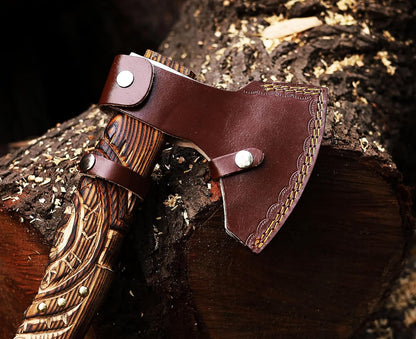 Wazir Crafts Viking Axe |Carbon Steel Engraved Blade with 18″ Wooden Handle & Leather Sheath | Collectible Norse Design Hatchet for Camping & Gifting (WCA-014)