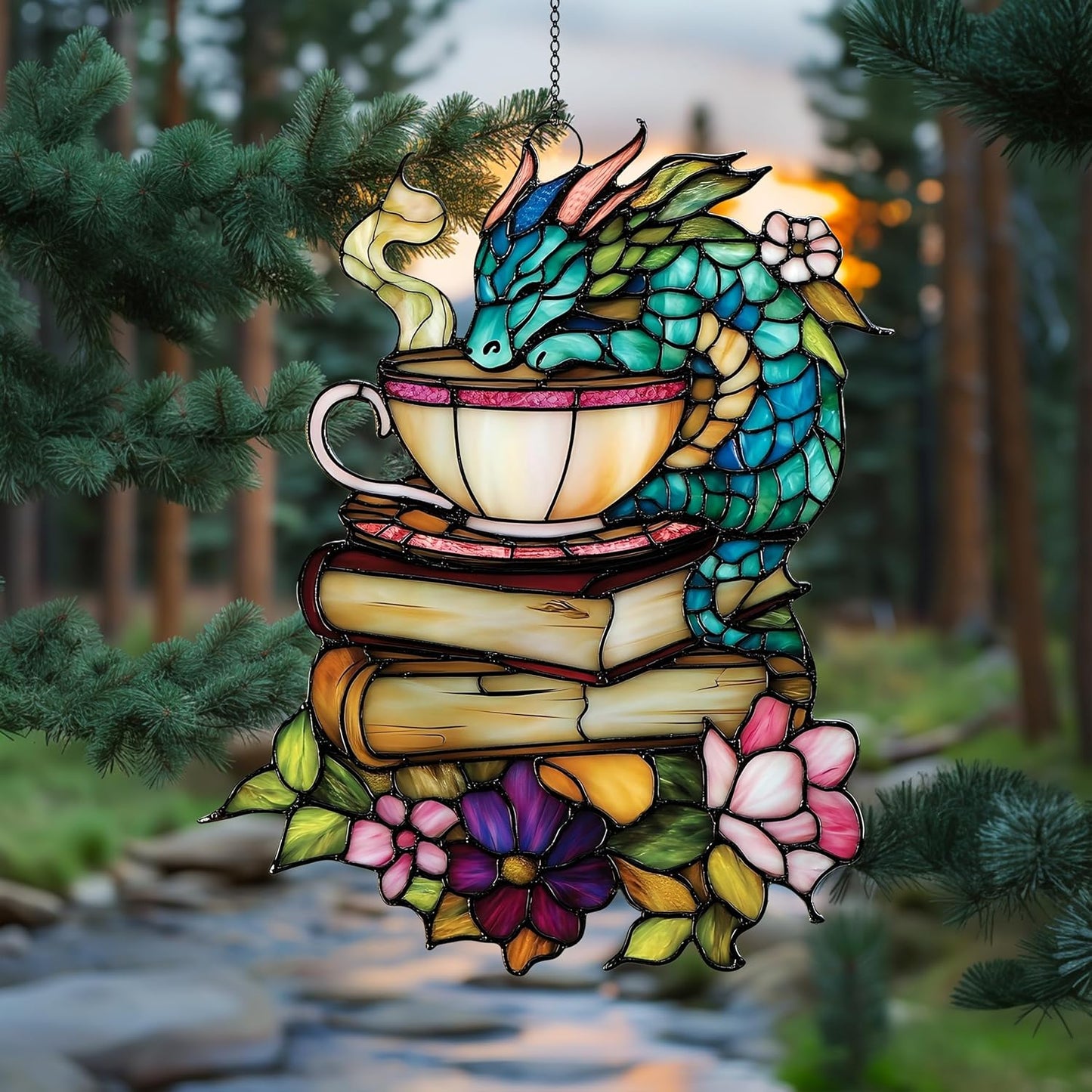 Fantasy Dragon Tea Book Acrylic Suncatcher Window Hanging Literary Gift Fantasy Book Lover Gift