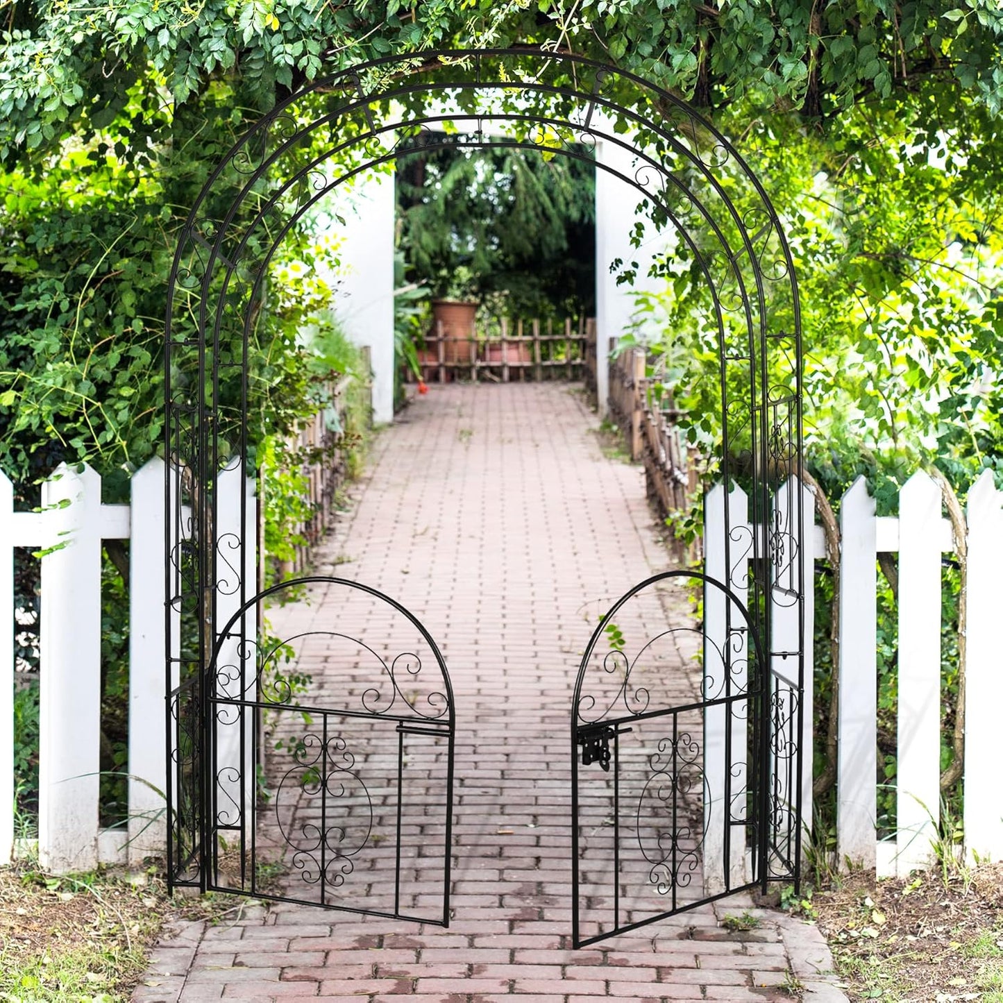 84in High Metal Garden Arbor with Gate, Heavy Duty Wide Garden Arch, Metal Arch Trellis with Gate for Climbing Plant, Wedding, Outdoor Patio Décor, Black(84"x52.4"x19")