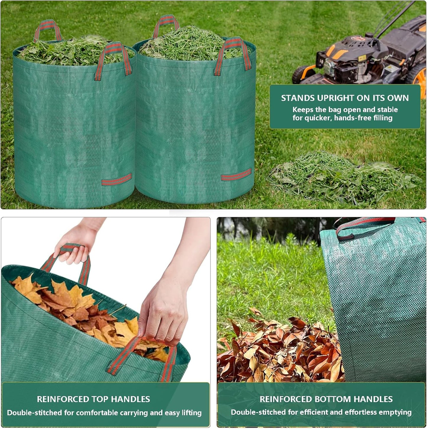 Reusable Yard Waste Bags, 72 Gallon Lawn and Leaf Bags 4 Pack with Reinforced Handles and Gardening Gloves, Heavy Duty Standable Garden Waste Bags for Leaves, Grass, Camping, Recycling