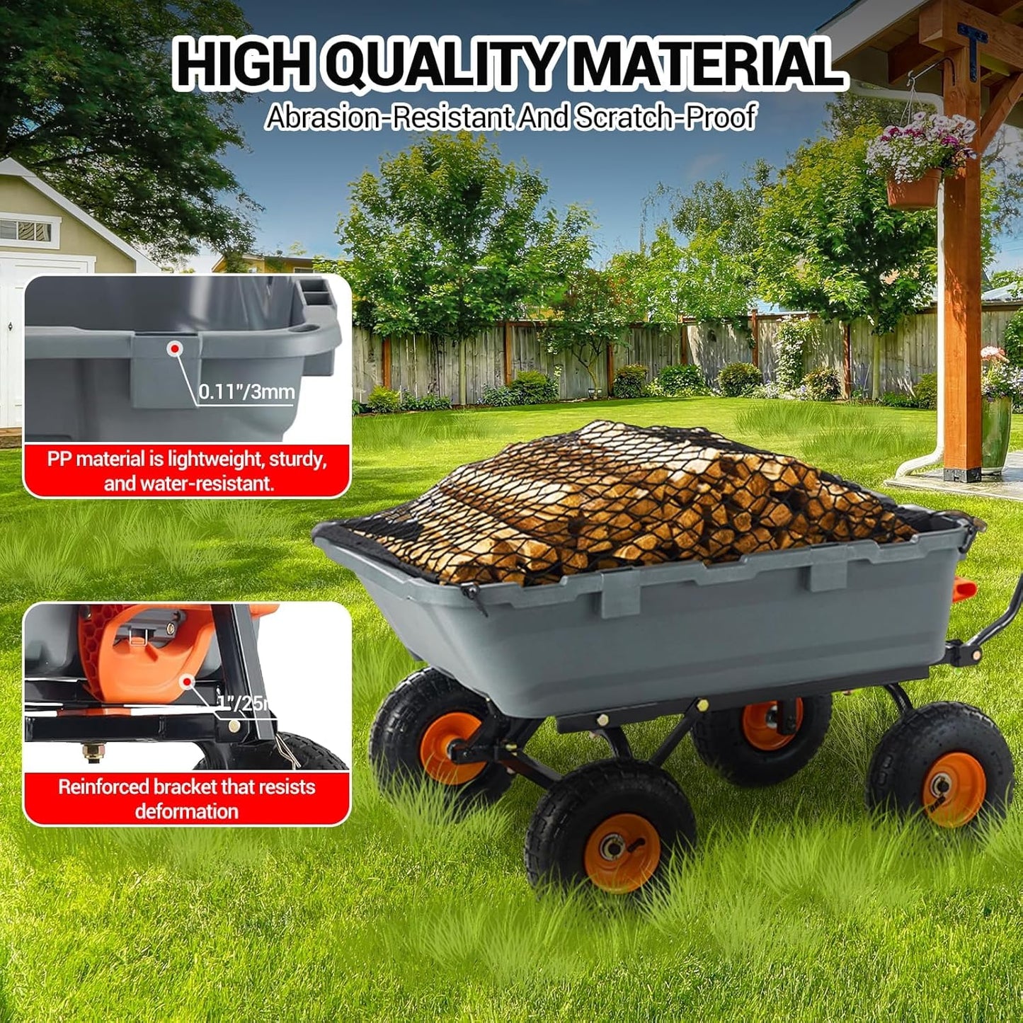 800Lb Heavy-Duty Poly Dump Garden Cart with Steel Frame, Utility Wagon with 10" Tires & Quick-Tilt System for Yard, Beach & Landscaping, Grey