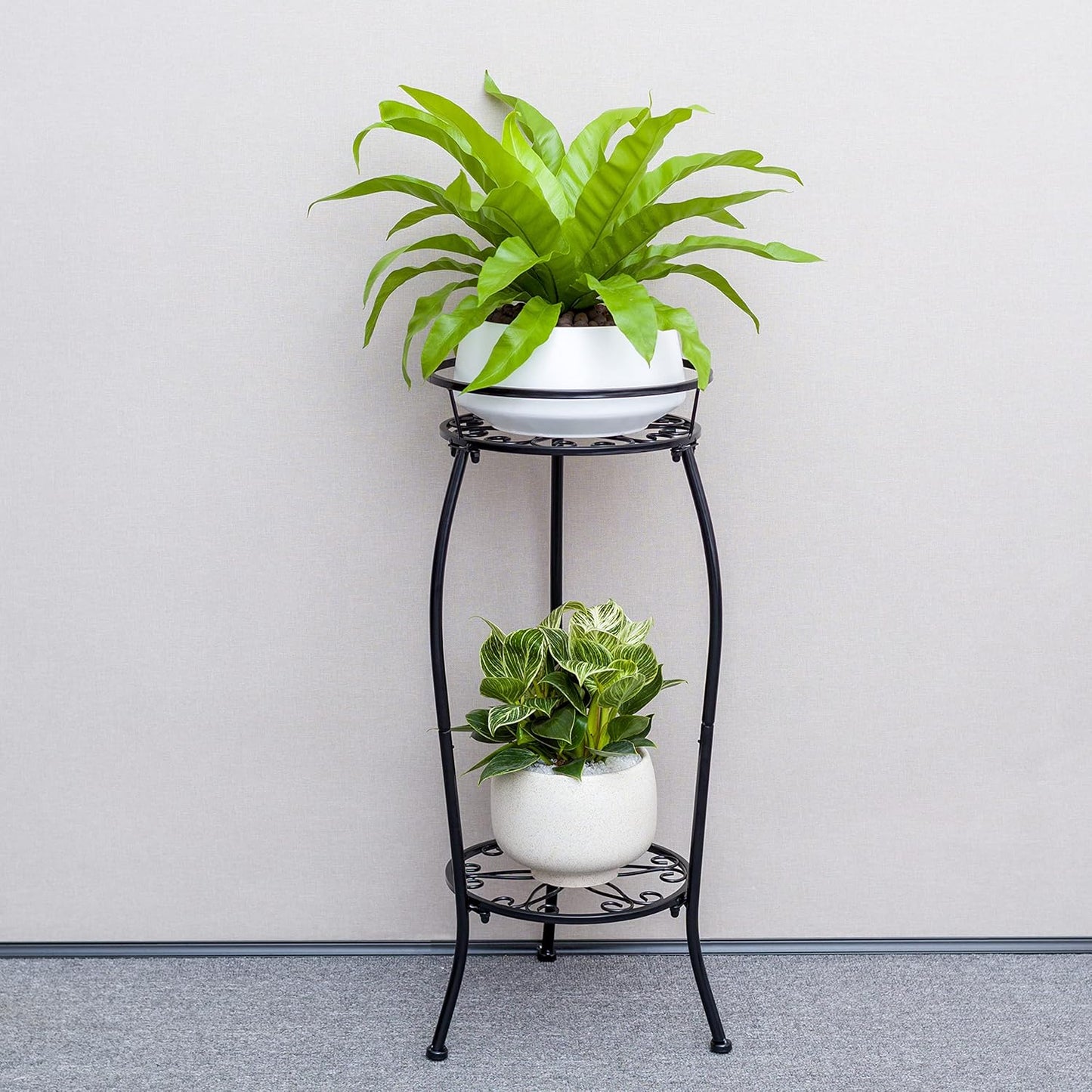 FaithLand Plant Stand, Metal Planter Holder Indoor Outdoor, 2 Tier Round Potted Supports Rack, Corner Display Shelf Black, Tall