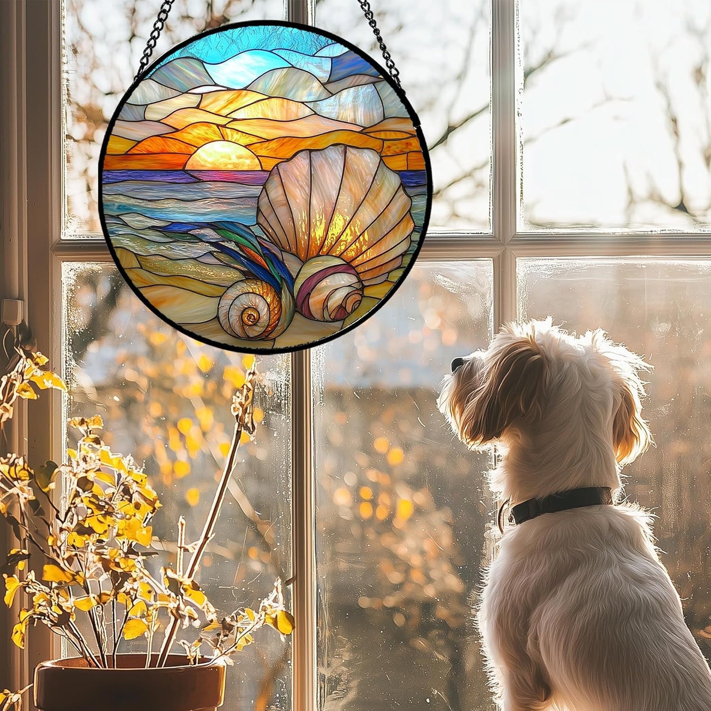 Stained Glass Window Hanging - Colorful Beach Shells Conch Sun Catcher for Door Home Decor Ocean Suncatcher Christmas Mother's Day Birthday Sea Lover Gifts for Women Men Mom Nana 6.3 in