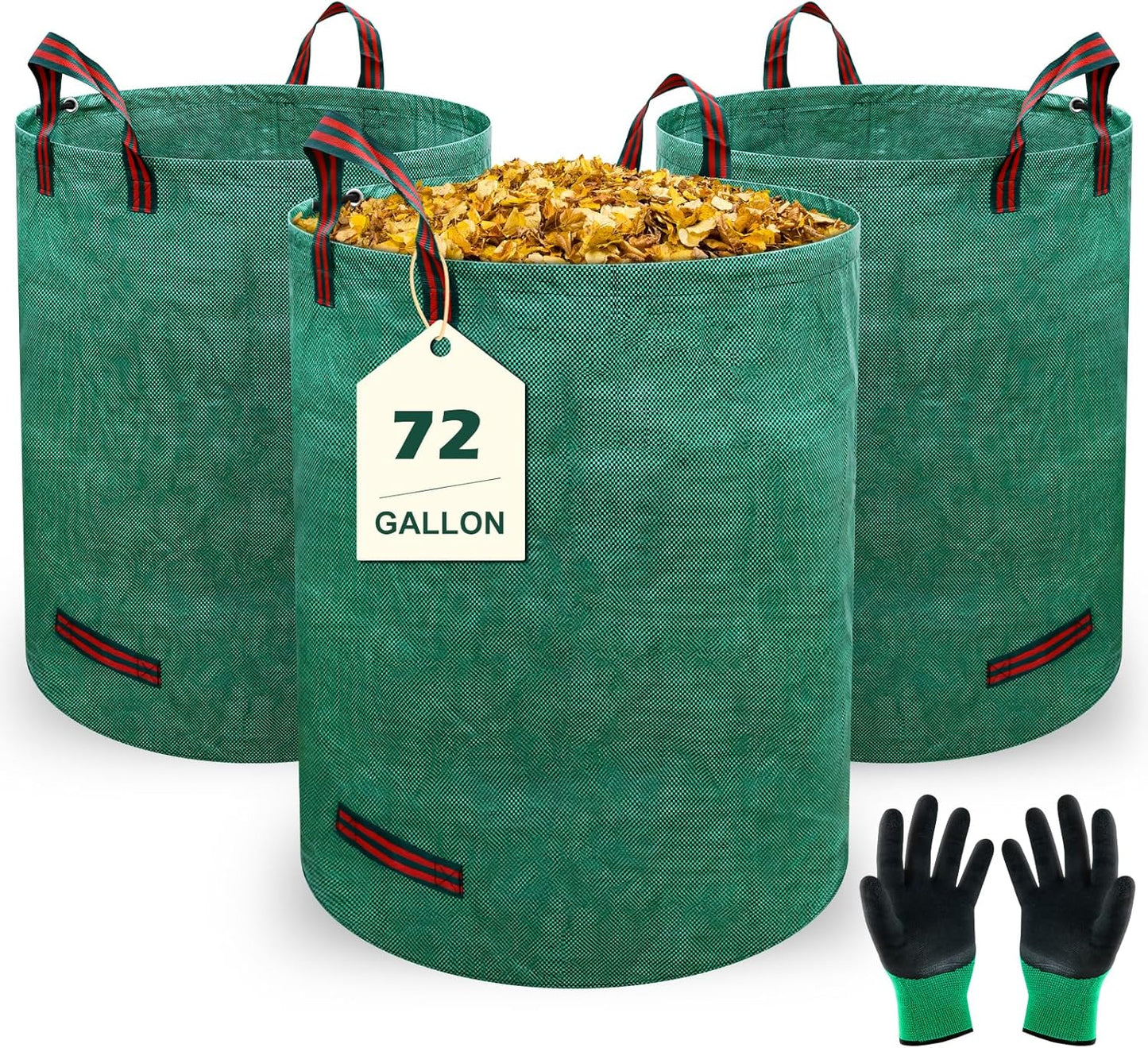72 Gallons Lawn and Leaf Bags,Reusable Yard Waste Bags with Gardening Gloves,Heavy Duty Garden Bags with 4 Handles for Lawn Care, Camping & Recycling(3 Pack）