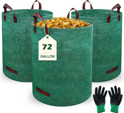 72 Gallons Lawn and Leaf Bags,Reusable Yard Waste Bags with Gardening Gloves,Heavy Duty Garden Bags with 4 Handles for Lawn Care, Camping & Recycling(3 Pack）