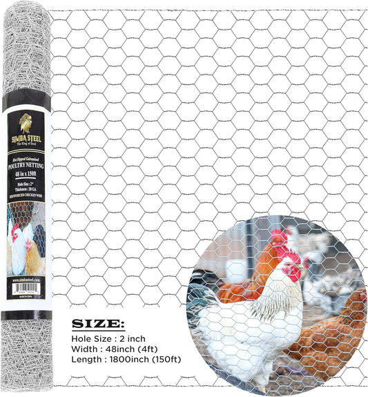 Chicken Wire 48 in x 150 FT x 2” Mesh x 20GA | Poultry Wire Netting | Hot Dipped Galvanised | Hexagonal Galvanized Mesh for Chicken Coop, Rabbit Cage, Fence Barrier PM48x150x2
