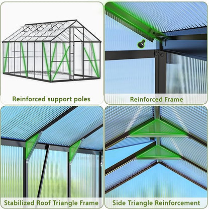 Wanan 14x8FT Greenhouses for Outdoors, Quick Assembly Polycarbonate Green House with UV Protection, Heavy Duty Windproof Aluminum Frame, Adjustable Roof Vent for Backyard or Outdoor Garden Use