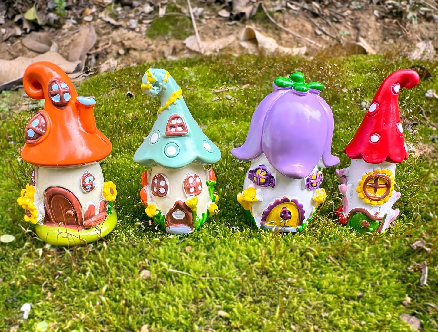 Mini Mushroom House Set - 4pcs Miniature Houses and 3pcs Mini Mushrooms for Fairy Gardens, Micro Landscapes, Moss Decorations (Mushroom House)