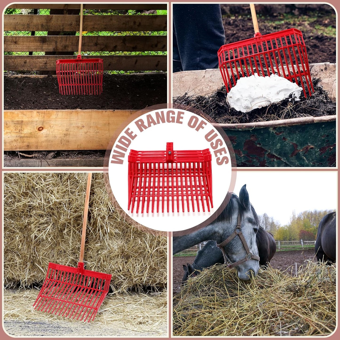 Lasnten Manure Fork Replacement Head, 18 Tines Pitchfork Head with Screws and Nuts, Horse Manure Rake for Picking up Grass and Hay(Red,2 Pcs)