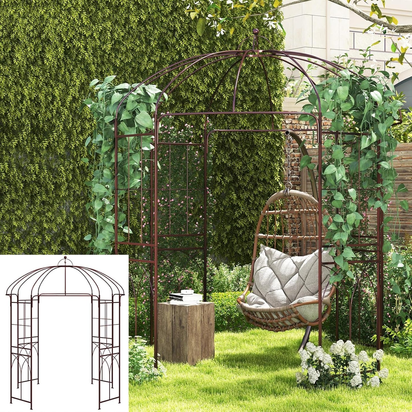 Moccha Birdcage Shape Garden Arch, 8.4’ H x 7’ W Pergola Pavilion Arch for Climbing Plants, French Style Gazebo with 16 Ground Stakes, Outdoor Metal Garden Arbor for Wedding Party Decoration, Bronze