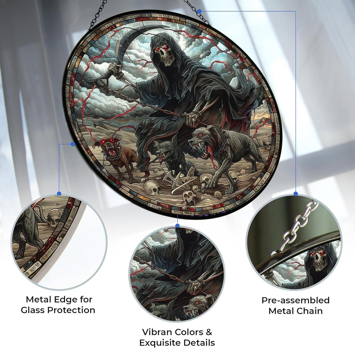 Pitbull Grim Reaper Suncatcher Indoor/Outdoor Stained Glass Window Hanging Handmade Stained Glass Suncatchers Decoration for Home Garden Christmas Party Wedding Housewarming Gifts