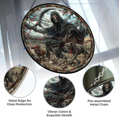 Pitbull Grim Reaper Suncatcher Indoor/Outdoor Stained Glass Window Hanging Handmade Stained Glass Suncatchers Decoration for Home Garden Christmas Party Wedding Housewarming Gifts