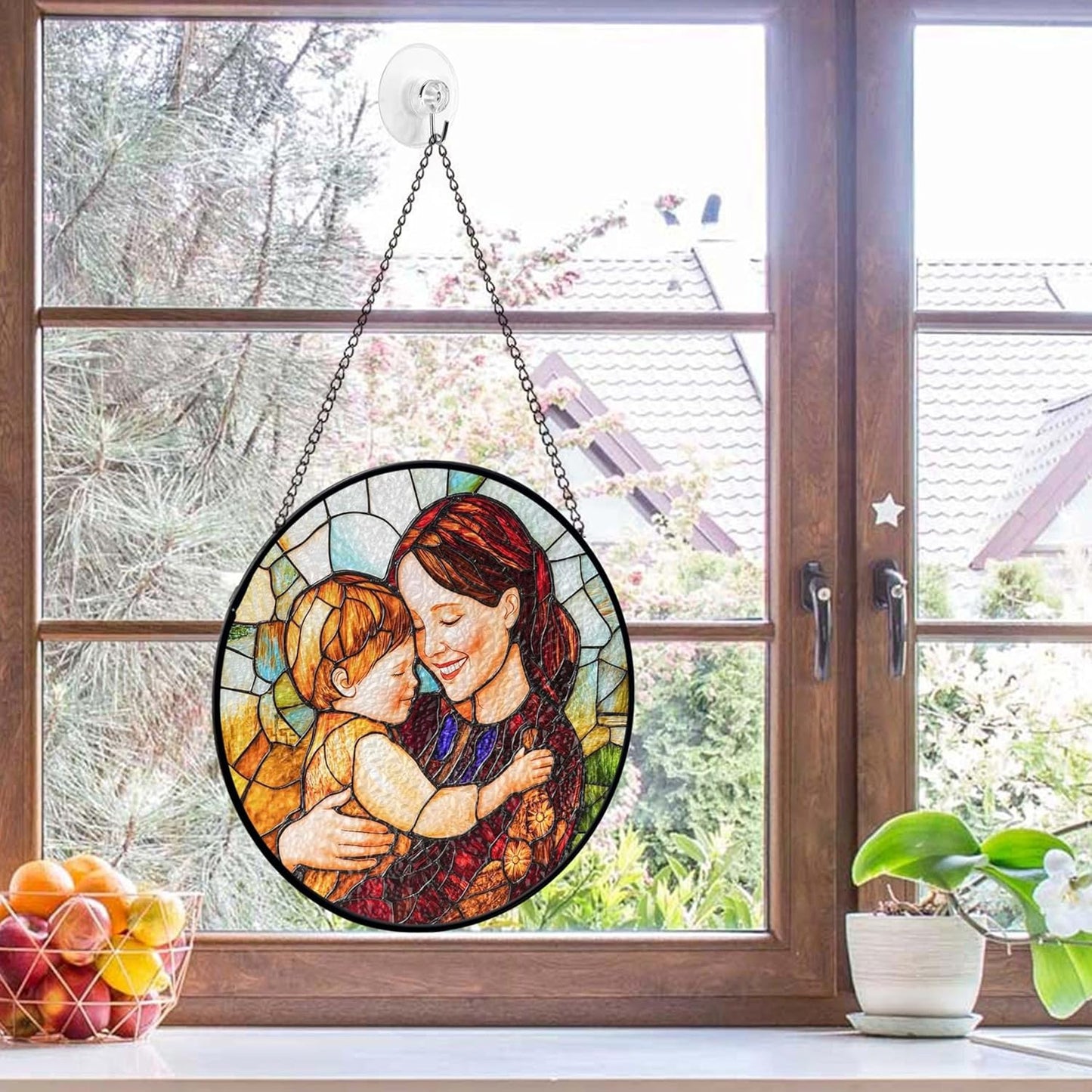 LOVELYPOD Custom Mom Faux Stained Glass Sun Catcher, Personalized Family Portrait Window Hanging, Gifts for Mom, Custom Photo Gifts, Mothers Day Sun Catcher