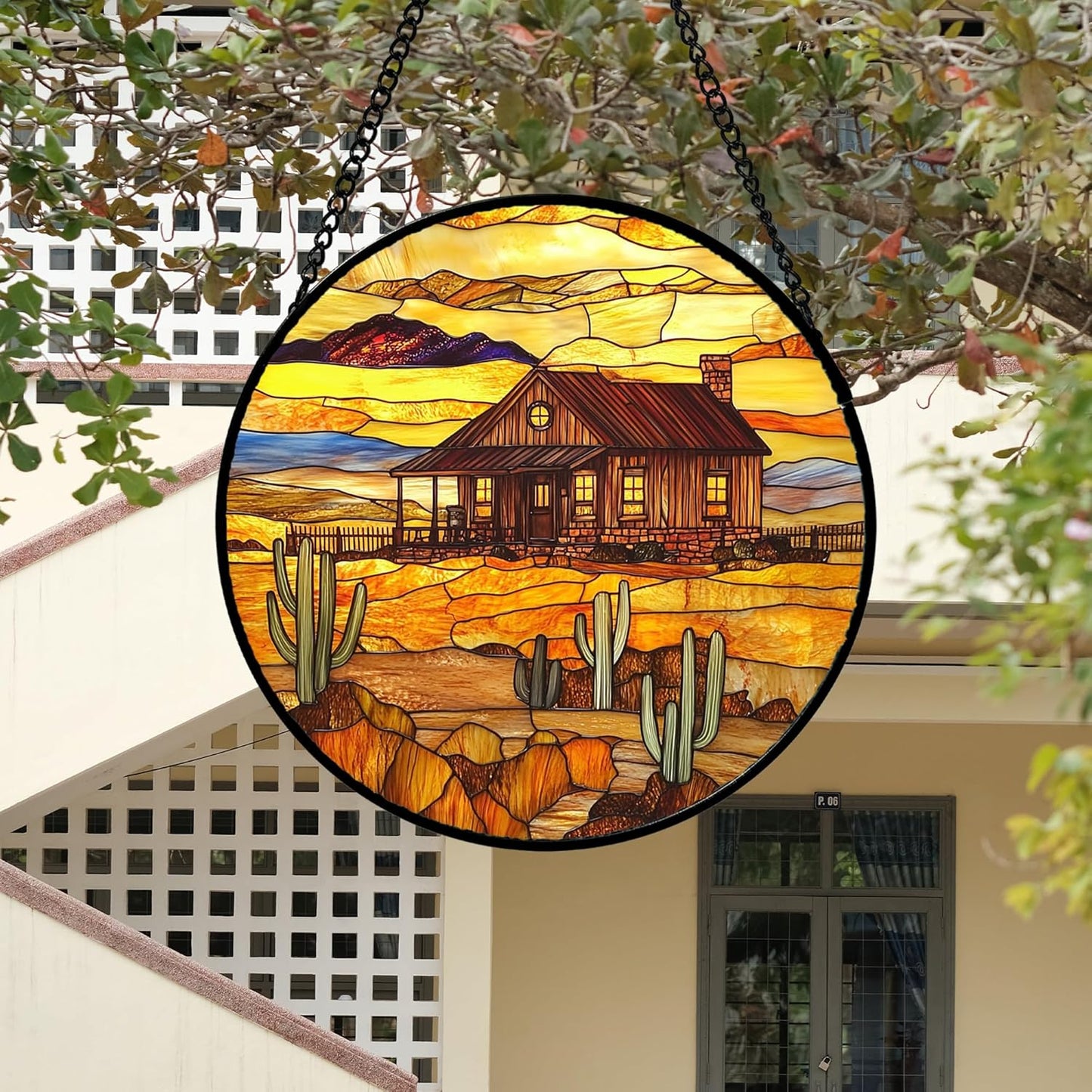 Stained Glass Window Hanging 4 Pcs Set Desert Sunset Theme Landscape Large 15" - Suncatcher Door Garden Sun Catcher Decor Birthday Christmas for Mom Woman Nana Men