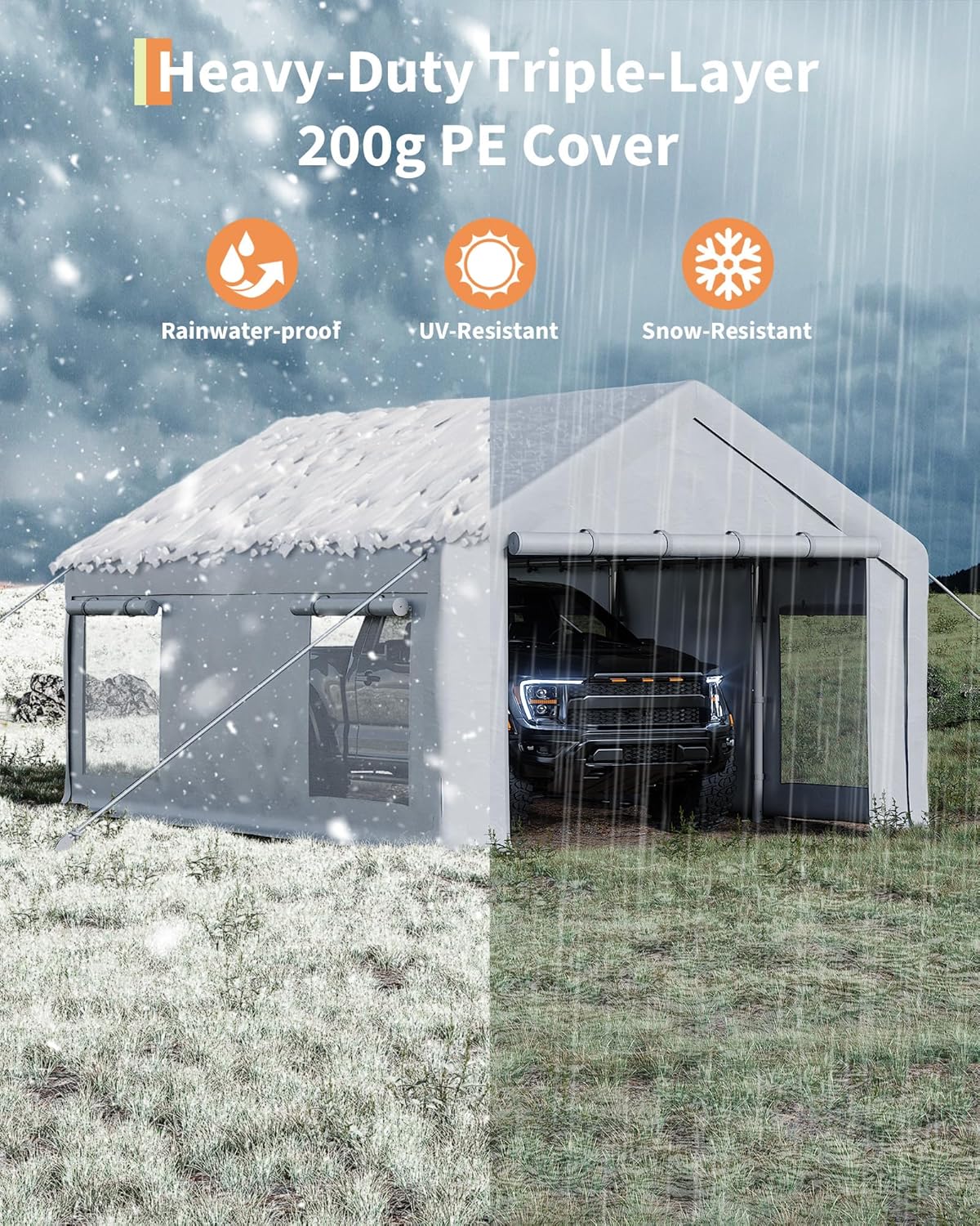 GarveeLife 10x20 ft Carport, Car Port with 200 g PE Tarp, Roll-Up Doors, and 4 Windows, for Sedans, Bass Boats, Motos, ATVs, and SUVs, White