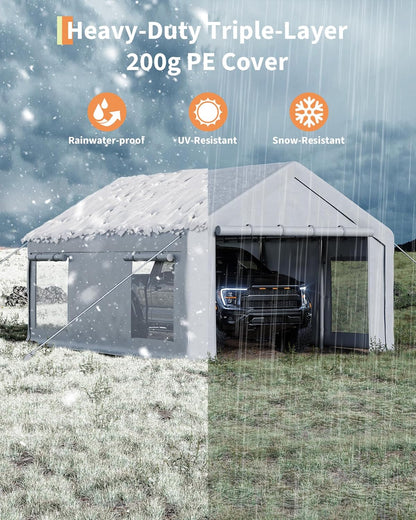 GarveeLife 10x20 ft Carport, Car Port with 200 g PE Tarp, Roll-Up Doors, and 4 Windows, for Sedans, Bass Boats, Motos, ATVs, and SUVs, White