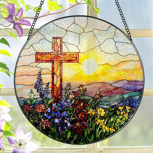 8 Inch Cross Sunset Suncatchers for Windows Hanging, Indoor Decor 8 Inch, Stained Glass Gift