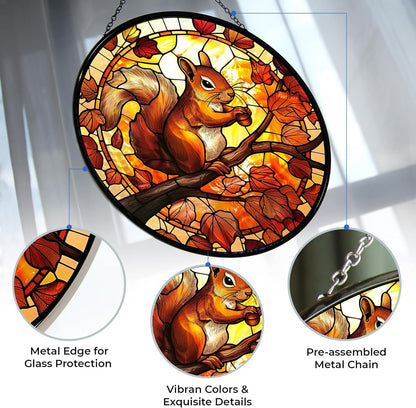 Squirrel Suncatcher Stained Glass Window Hanging Handmade Stained Glass Suncatchers Decoration with Metal Chain Outdoor Garden Decor Gift for Women Christmas Thanksgiving Gifts