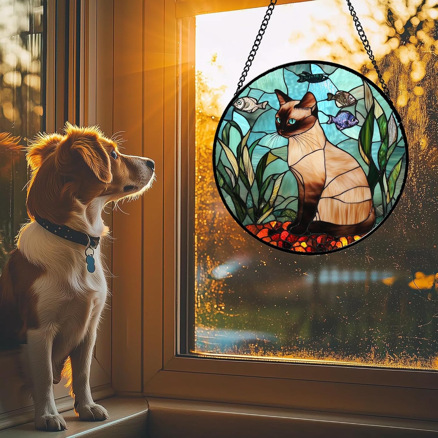 Stained Glass Window Hanging Cat Fish Plants 6.3" - Suncatcher Door Garden Sunroom Sun Catcher Home Decor Birthday Christmas for Lost Pets Cat Lovers Mom Men Woman