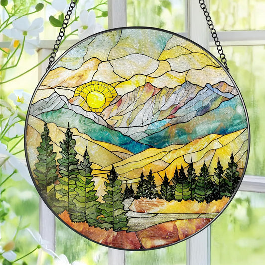 Stained Glass Window Hanging - 8 Inch Mountain Range Suncatcher for Window Doors Home Decoration