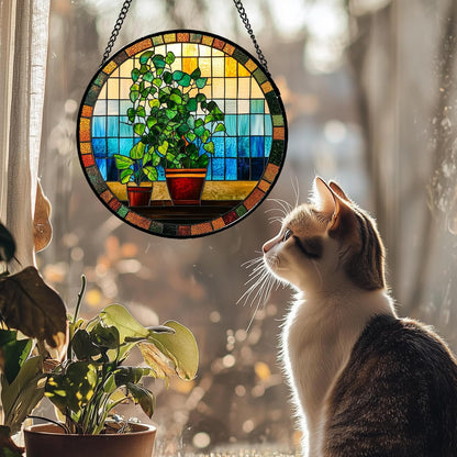 Stained Glass Window Hanging Green Potted Plants 6.3" - Suncatcher Door Garden Sun Catcher Retro Home Decor Birthday Christmas for Mom Men Woman Nana Friend