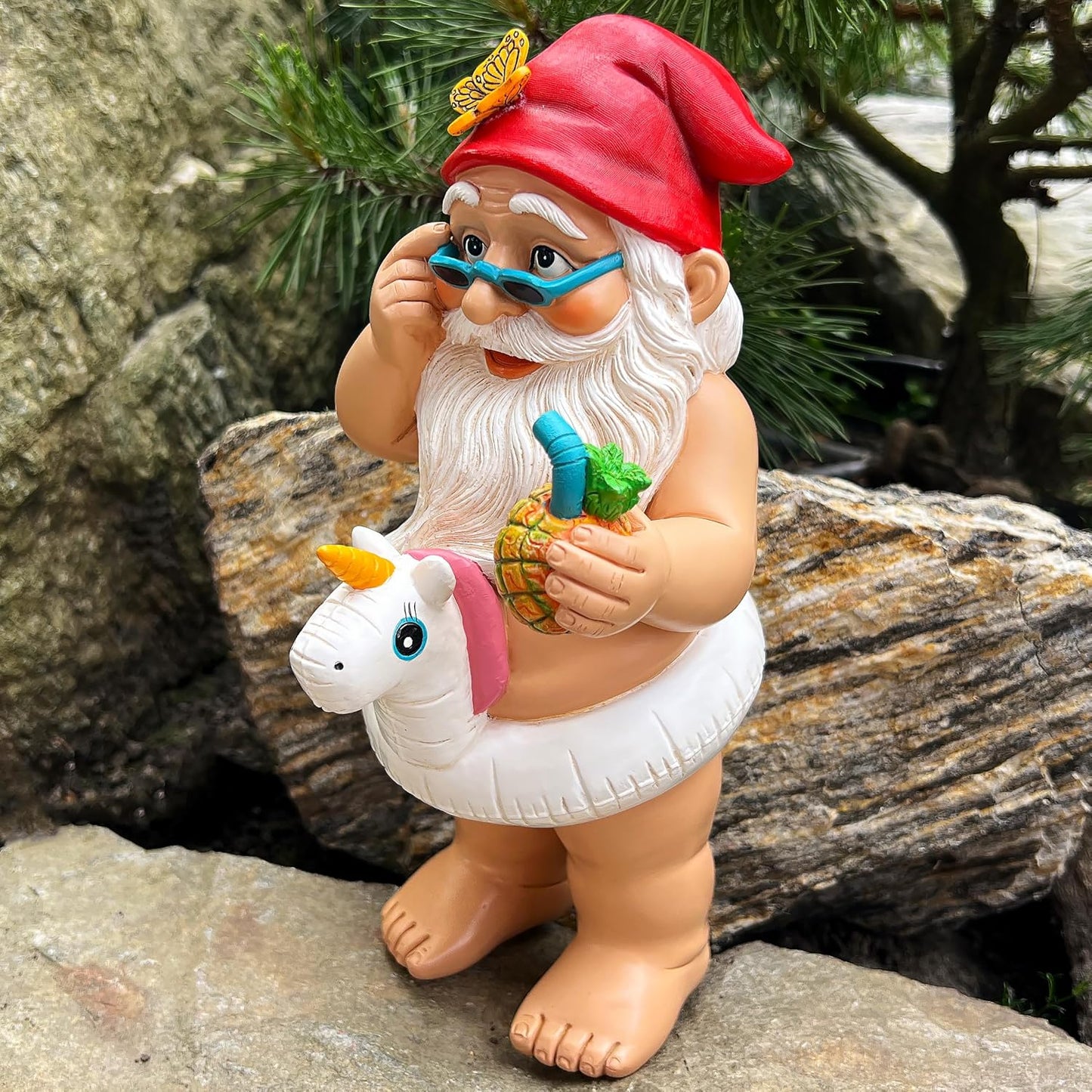 Mood Lab Garden Gnome with Unicorn - Funny Gnome Statue - 9 Inch Tall Lawn Figurine - for Outdoor or House Decor