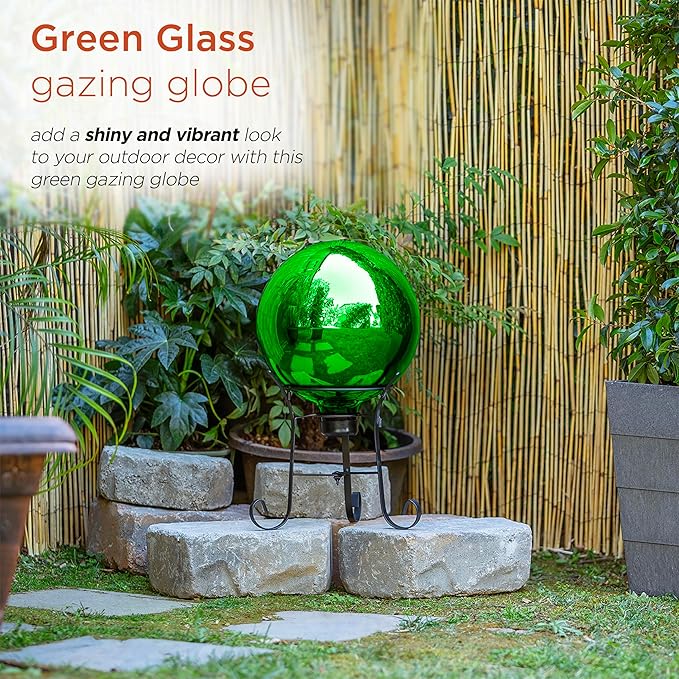Alpine Corporation 10" Diamater Indoor Outdoor Glass Gazing Globe Festive Yard Decor, Green