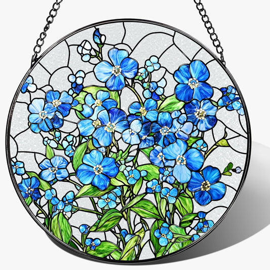 Stained Glass Window Hanging, 8 Inch Forget Me Not Stained Glass Suncatcher, Window Hanging Decor