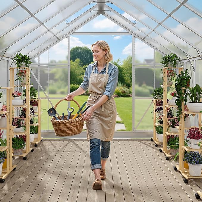 YITAHOME 10x12FT Polycarbonate Greenhouse for Outdoors, Large Heavy Duty Aluminum Greenhouses with Sliding Doors and Vent Window, Walk-in Greenhouse for Garden Backyard, Simple Setup, Silver