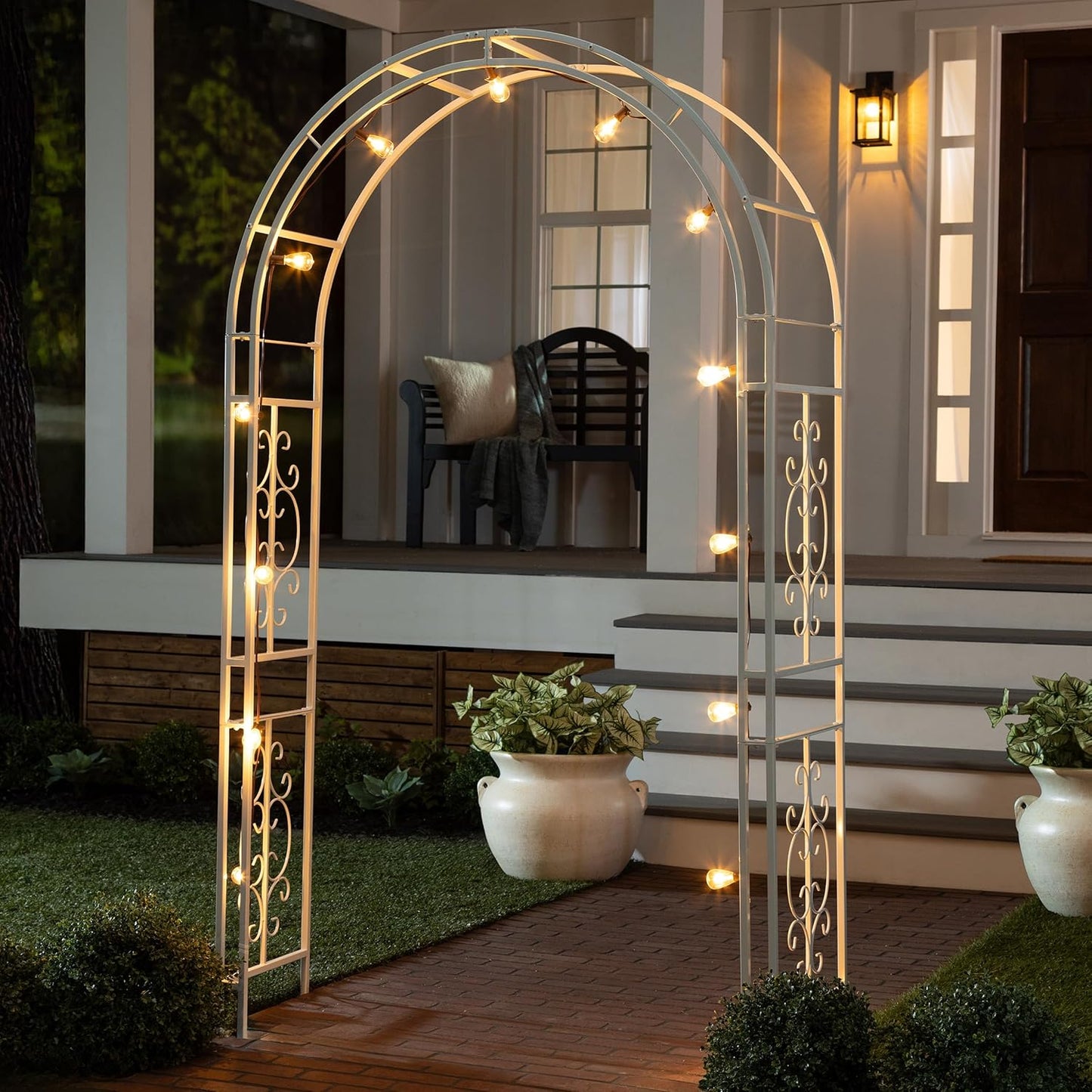 Evergreen Plow & Hearth Montebello White Garden Arbor - 7 Feet Tall | Slim Metal Arch with Iron Trellis for Climbing Plants | Elegant Wedding Arbor | Outdoor Patio & Garden Decor