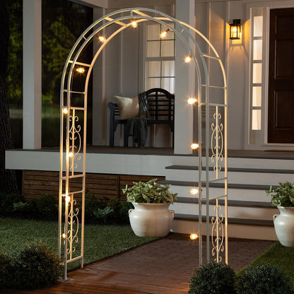 Evergreen Plow & Hearth Montebello White Garden Arbor - 7 Feet Tall | Slim Metal Arch with Iron Trellis for Climbing Plants | Elegant Wedding Arbor | Outdoor Patio & Garden Decor