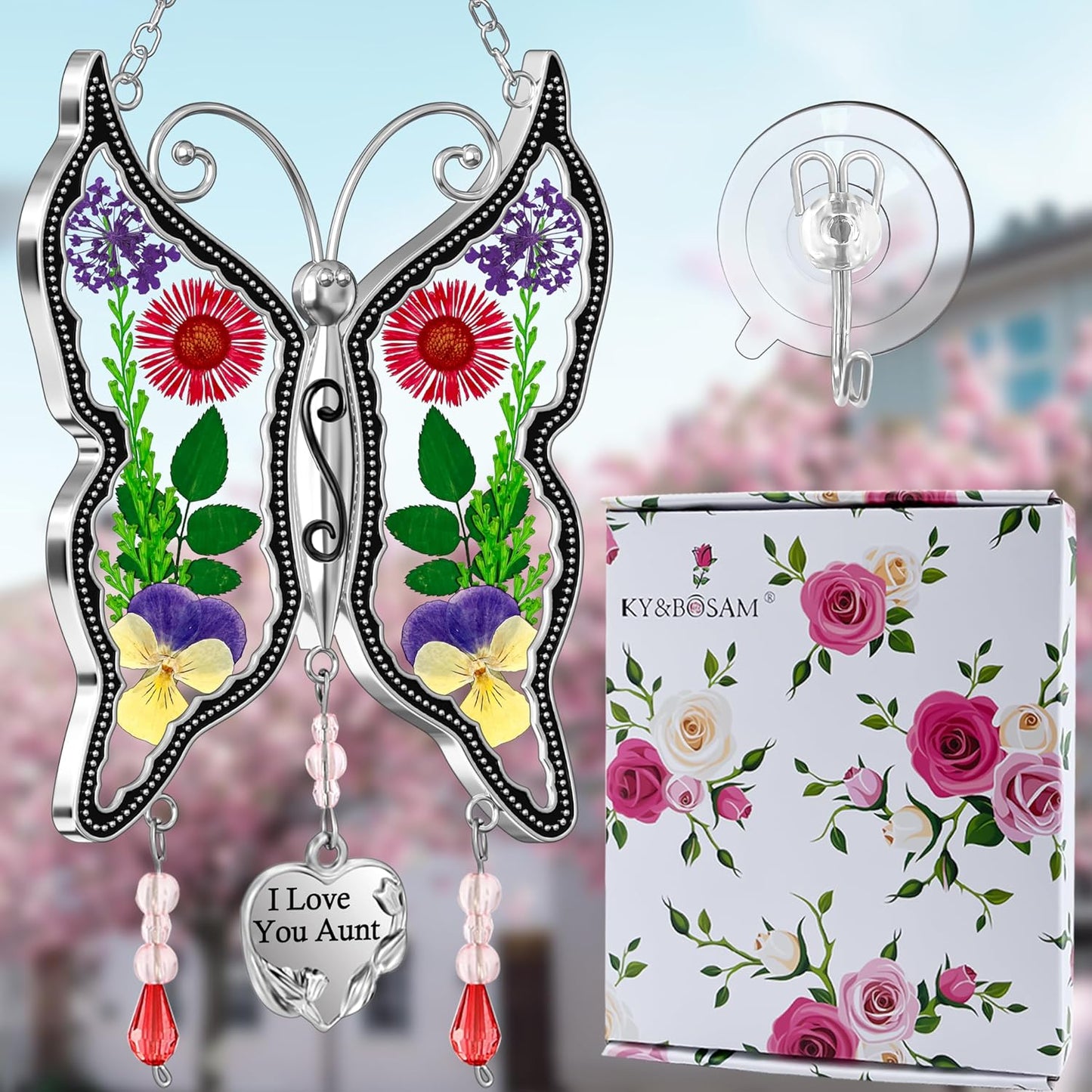 KY&BOSAM Gift for Aunt Suncatcher Butterfly I Love You Aunt Gift Stain Glass Suncather for Window Hanging Wind Chime with Pressed Flower Embedded Birthday Gifts for Women Mother`s Day Christmas