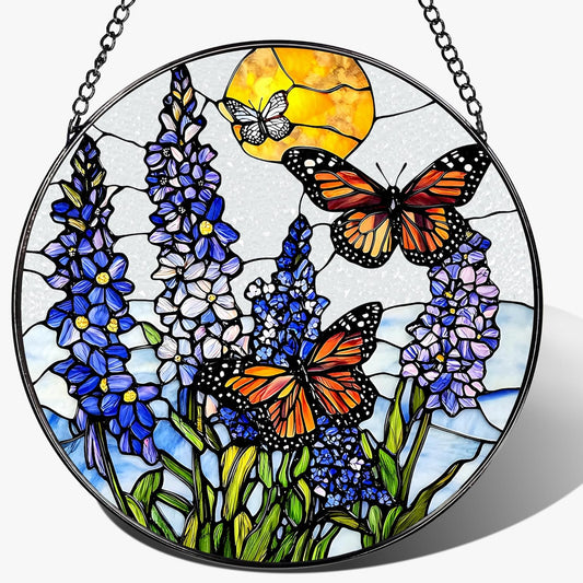 Stained Glass Window Hanging, 8 Inch Lavender & Butterfly Sun Catcher Decor, Stained Glass