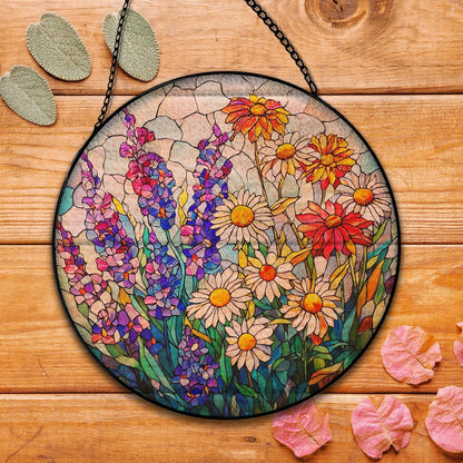 Flower Suncatcher Stained Glass Garden Window Hanging, Cottagecore Wildflower Sun Catchers Indoor Window Glass Round Wall Decor, Floral Botanical Wall Art Hanging Decorations, ＂7.8x7.8＂