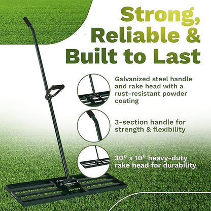 Lawn Leveling Rake 30x10 inch, Anti Flip - Heavy Duty Leveling Tool, Steel Handle, and Rake Head– Includes Gloves, Planting Mat, and Garden Shears – Yard Leveler for Lawn Garden, Soil, Sand, and Grass